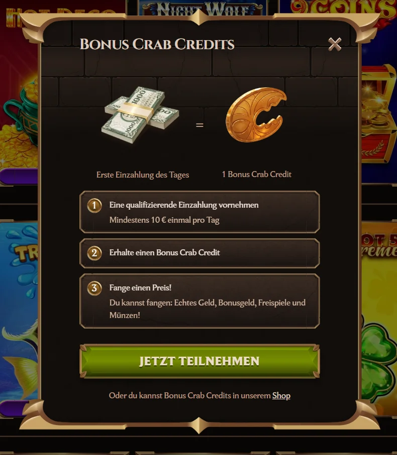 Lanista Casino Bonus Crab Credits Aktion mit täglicher Einzahlung und Bonusbelohnungen