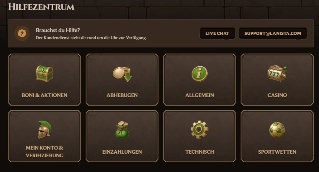 Lanista Casino Hilfezentrum mit Support Kategorien wie Boni, Auszahlungen, Einzahlungen, Konto Verifizierung und Sportwetten