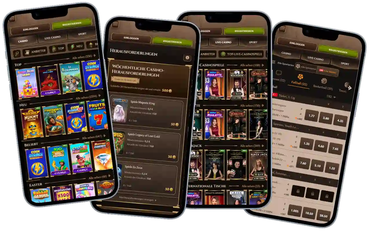 Lanista Casino mobile Ansicht mit Slot Spielen, Live Casino, Herausforderungen und Sportwetten Bereich