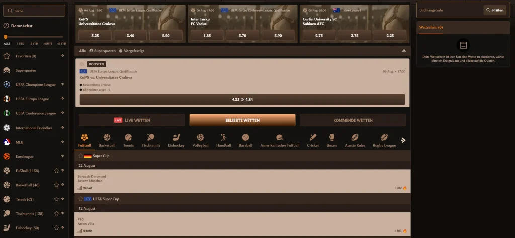 Lanista Casino Sportwetten Oberfläche mit Live-Wetten und Fußballmärkten