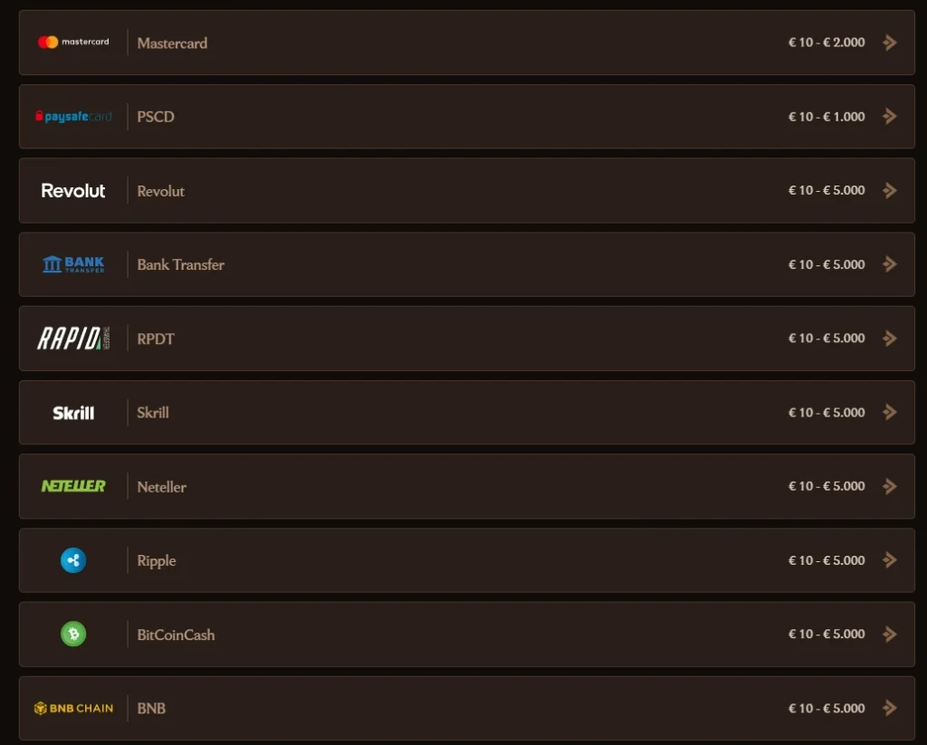 Lanista Casino Zahlungsmethoden Übersicht mit Mastercard, Skrill, Neteller, Kryptowährungen und Banküberweisung